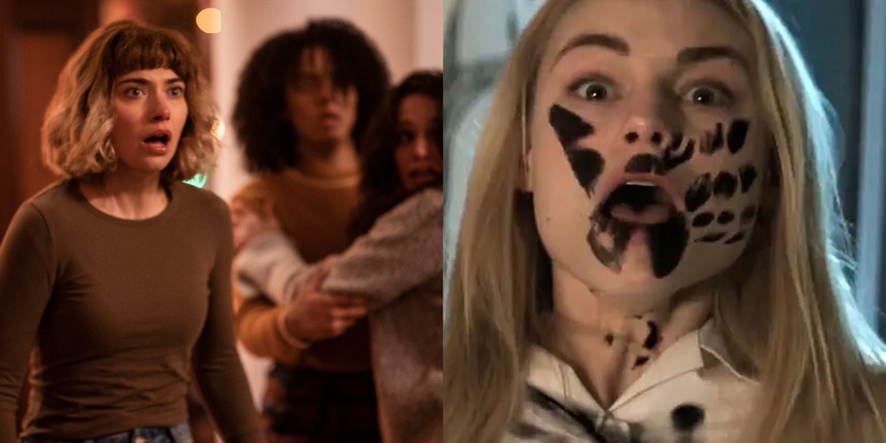 Split image of Riley (Imogen Poots) and Kris (Aleyse Shannon) in Black Christmas (2019) and Stephanie Taylor (Lucy Fry) in The Darkness (2016)