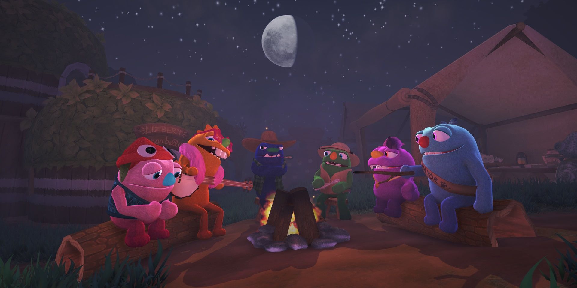 Gramble, Wiggle, Wambus, Triffany, Beffica, and Filbo sitting around the campfire in Bugsnax