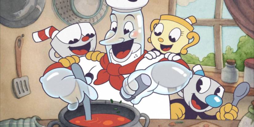Cuphead, Mugman, and Ms. Chalice gathered around Chef Saltbaker DLC