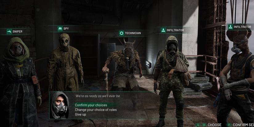 Olga, Mikhail, Tarakan, Oliver, and, Sashka stand together in Chernobylite