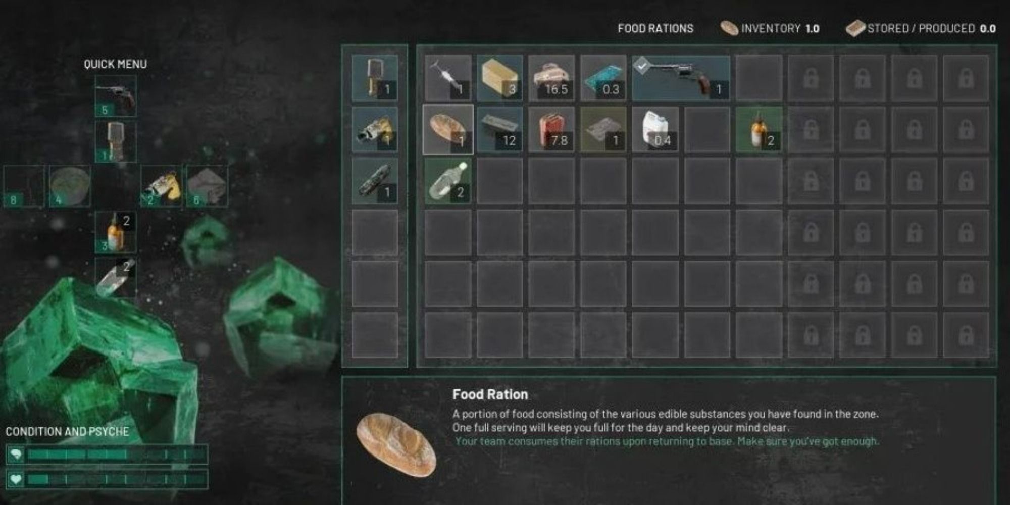 Chernobylite's inventory quick menu showing a variety of items like rations and weapons