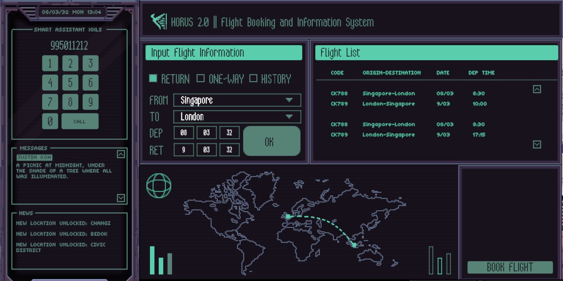 The Horus flight planner screen in Chinatown Detective Agency