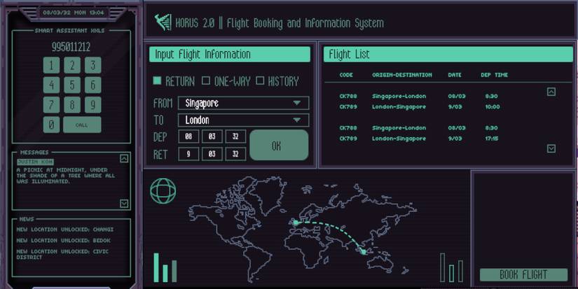 The Horus flight planner screen in Chinatown Detective Agency