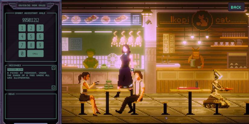 Amira Darma standing in front of two stores while people