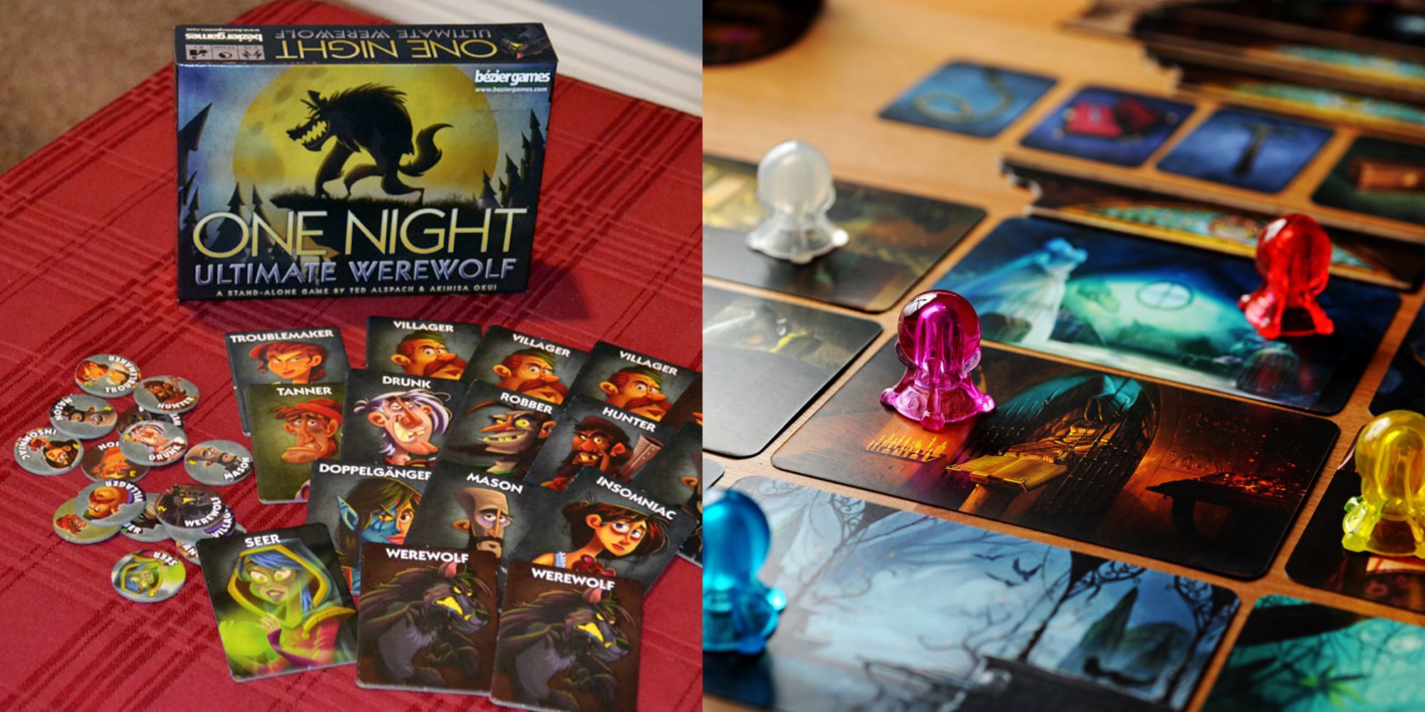 The game box, cards, and tokens for One Night Ultimate Werewolf; cards and game pieces for Mysterium in play