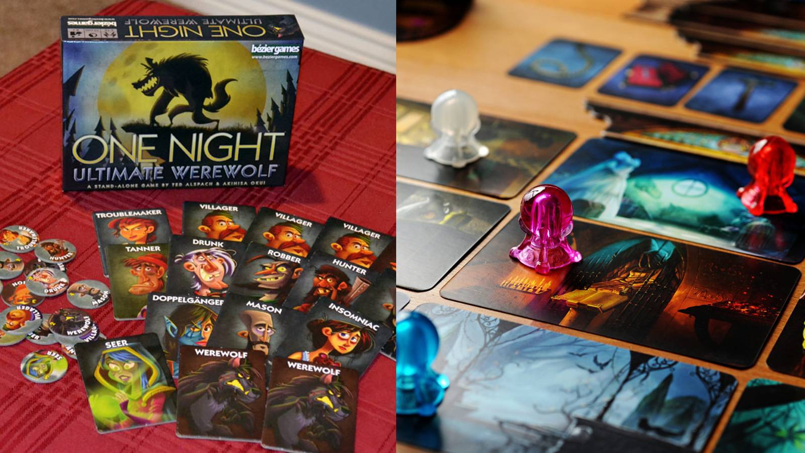 The game box, cards, and tokens for One Night Ultimate Werewolf; cards and game pieces for Mysterium in play