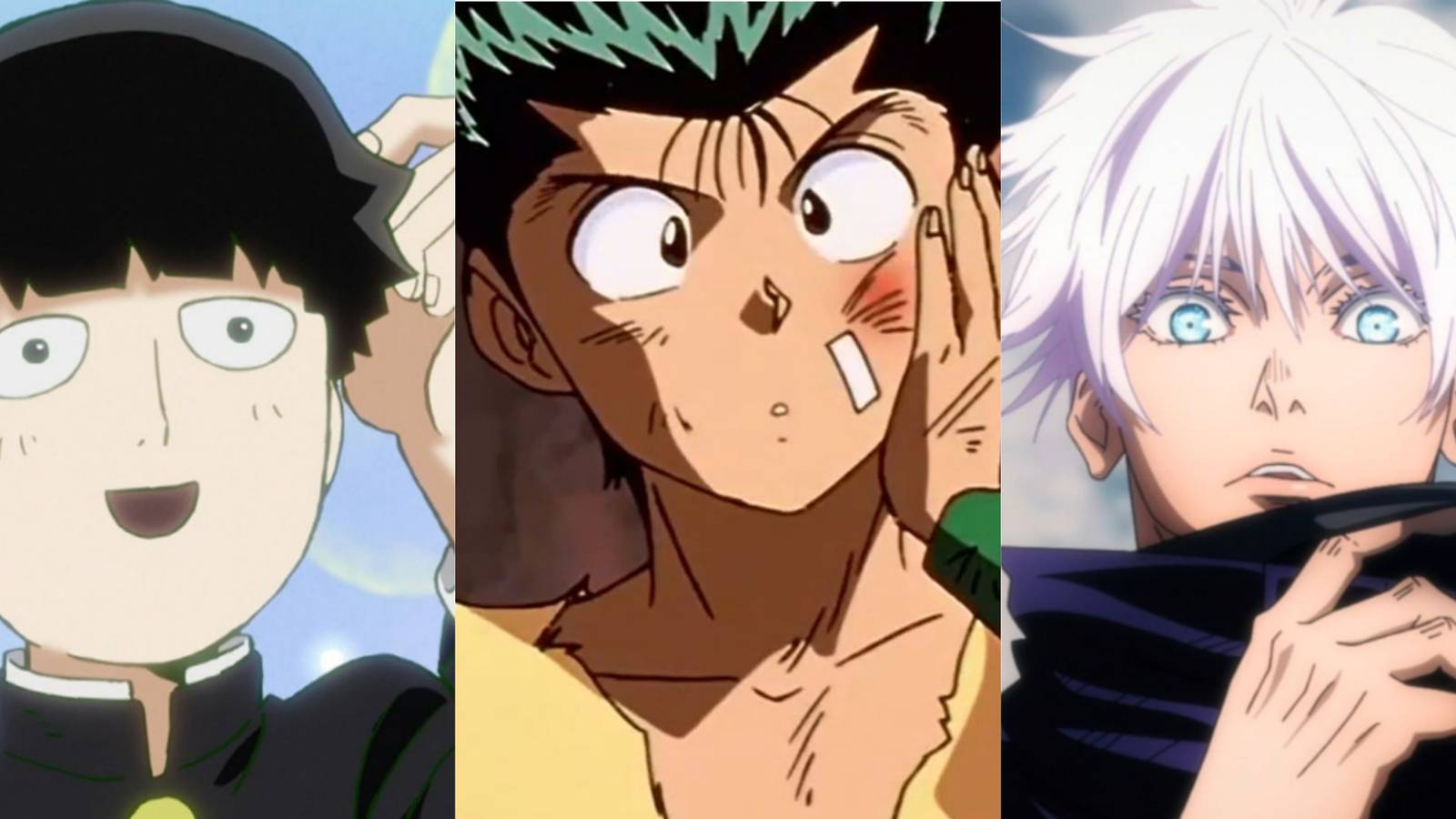 Three ghost-hunting characters from Mob Psycho 100, Yu Yu Hakusho, and Jujutsu Kaisen