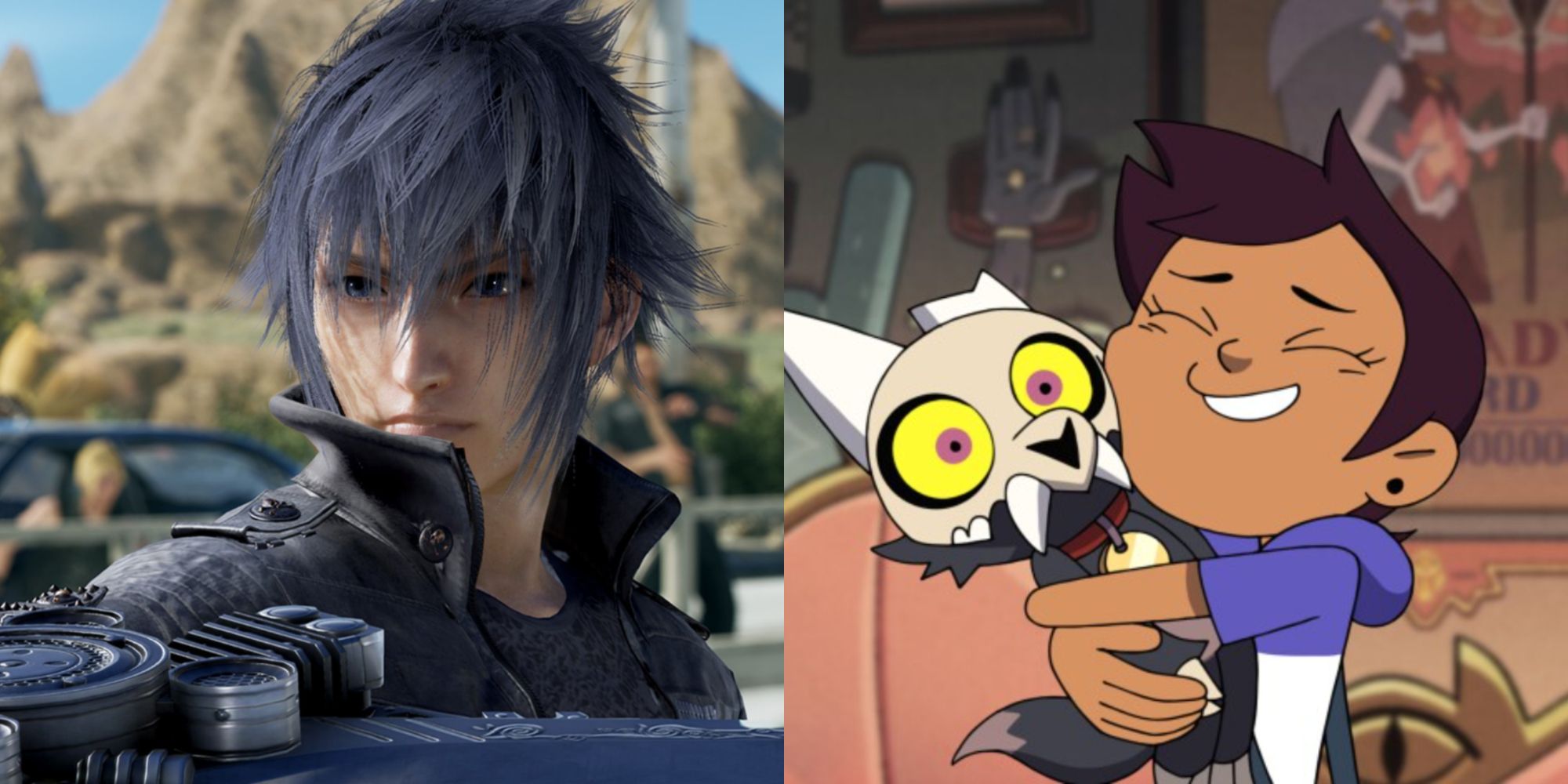 Split image of Noctis and Owl House characters. 