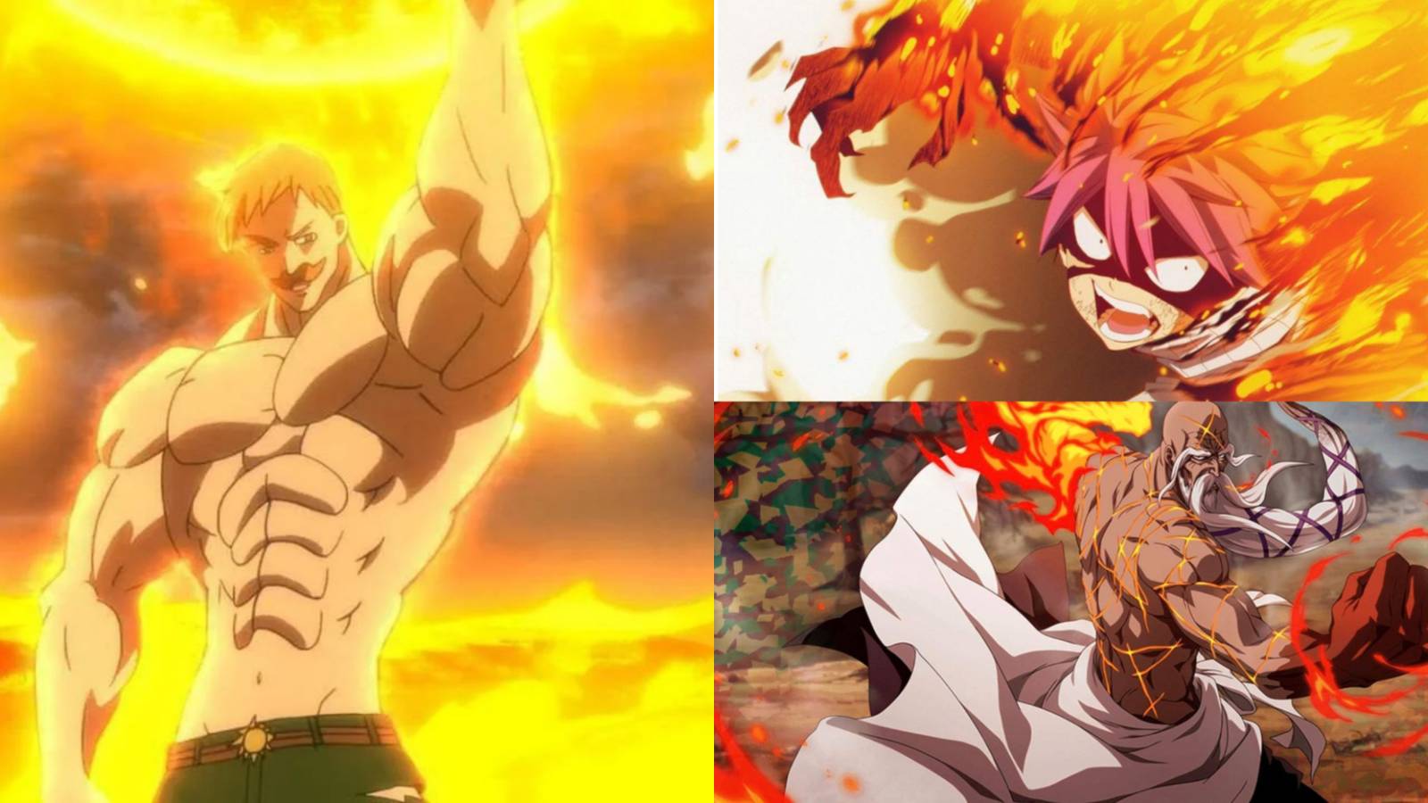 escanor, natsu and yamamoto showing their fire powers