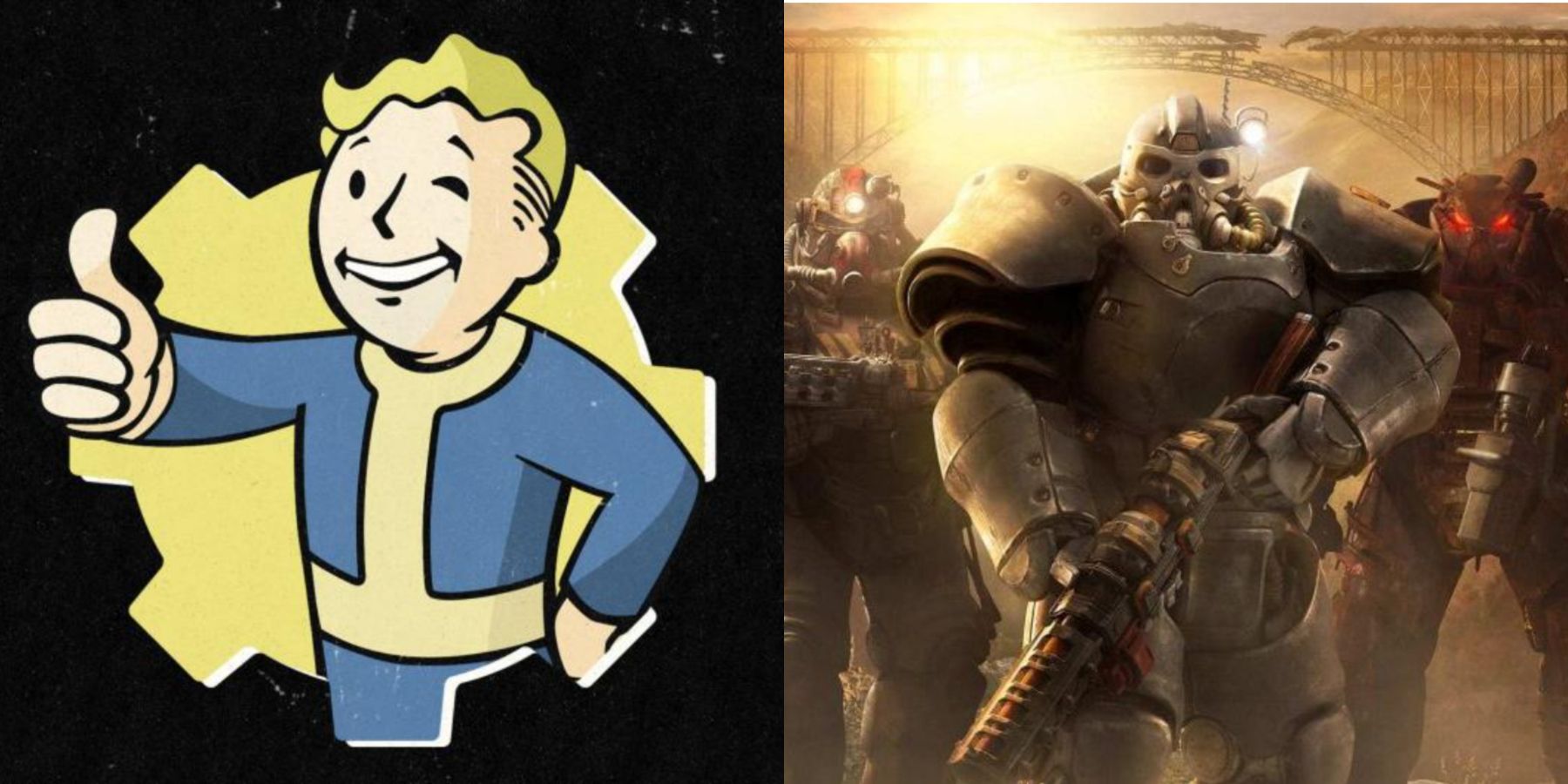 Split image of Pip-boy mascot and power armor.