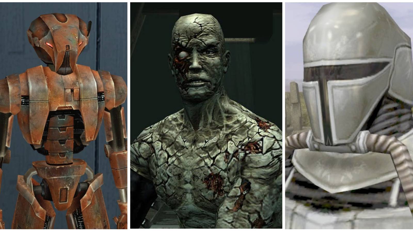 three images of hk 47, darth scion and mandalore