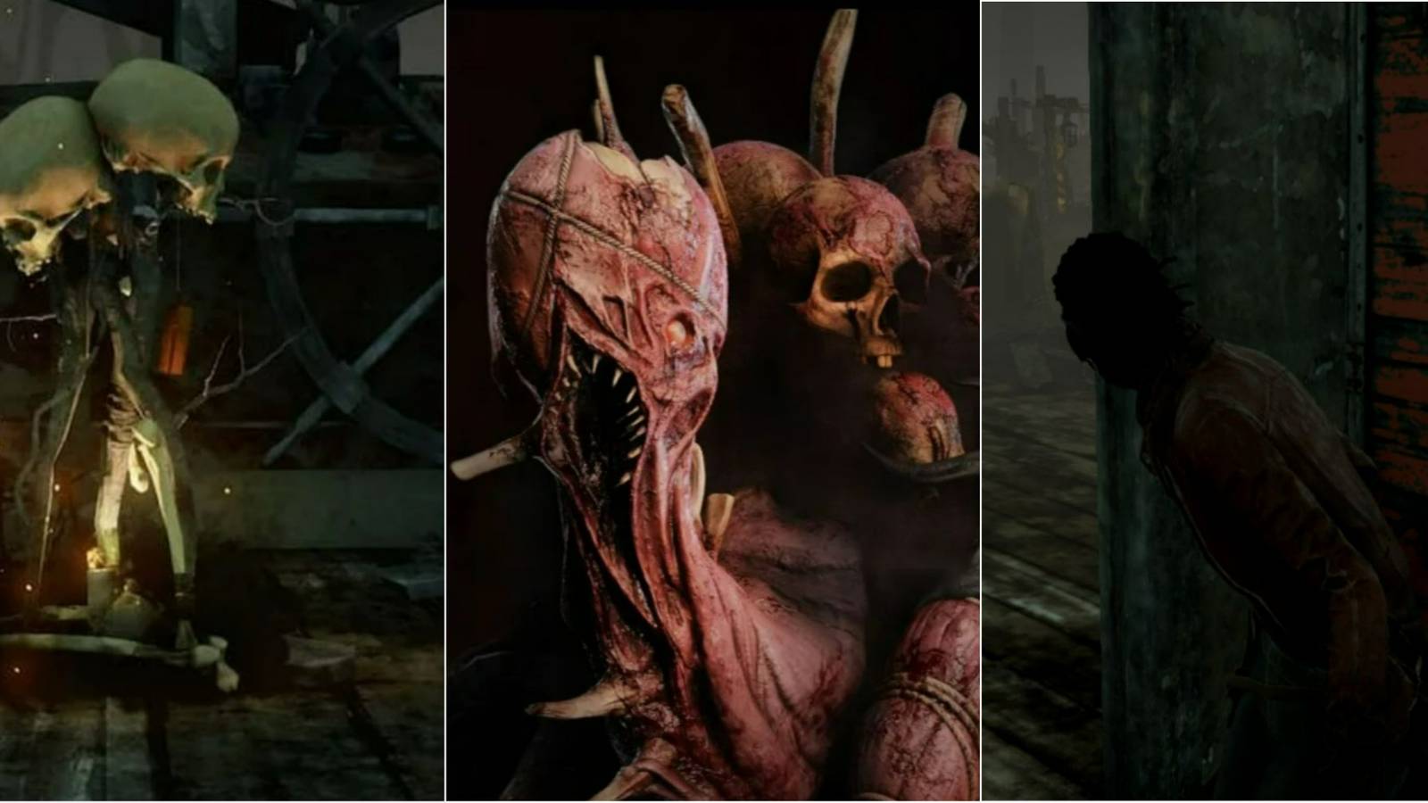 A Hex totem, the Dredge, and a Survivor by a locker from Dead by Daylight