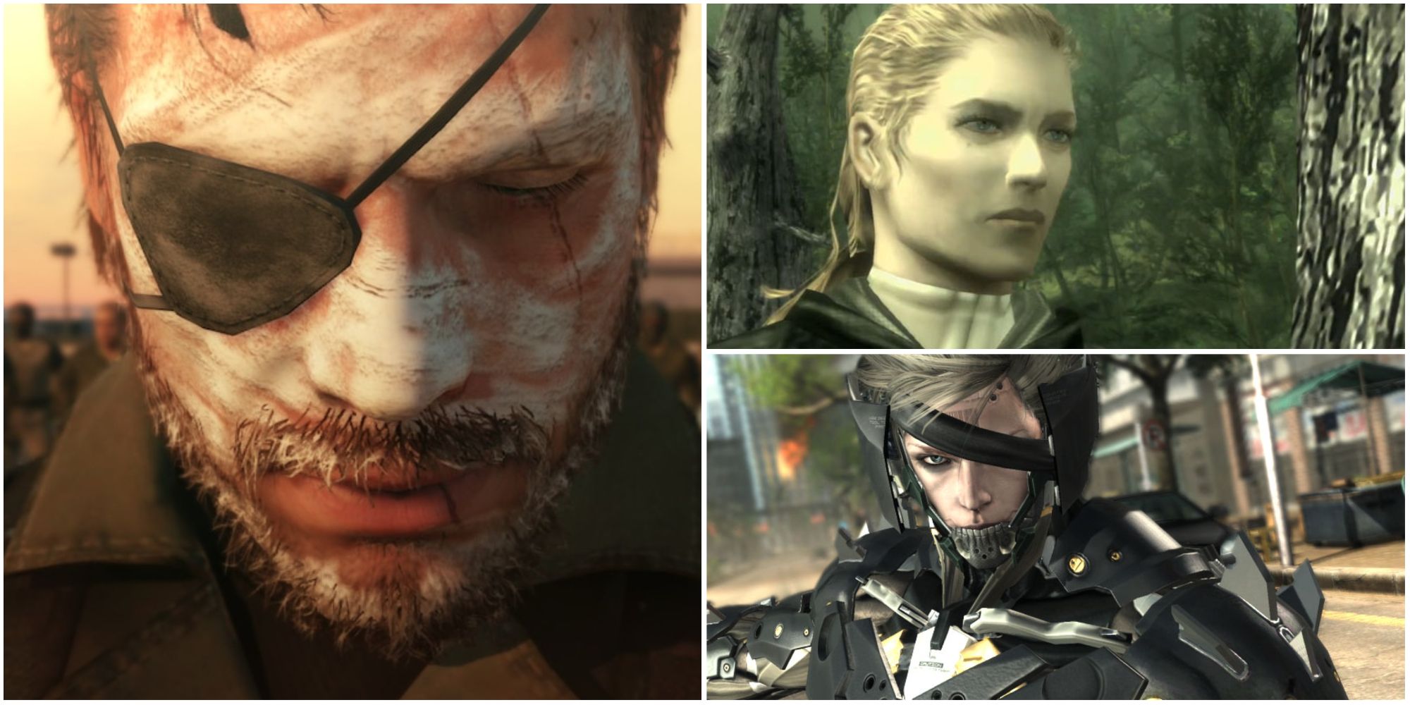 metal gear series venom snake, the boss and raiden in a collage