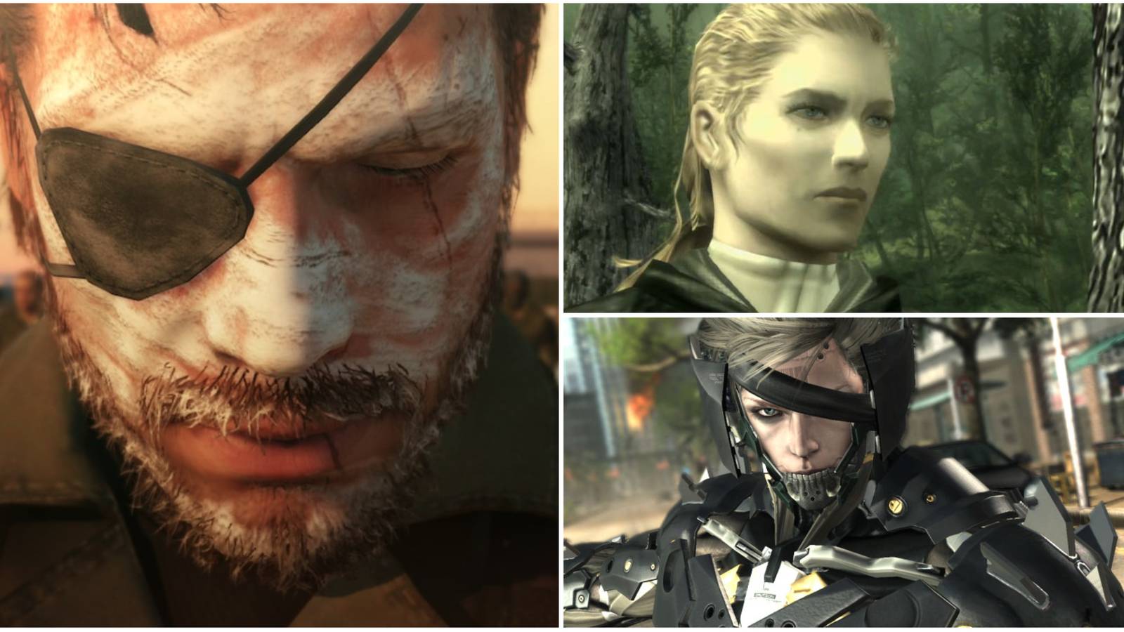 metal gear series venom snake, the boss and raiden in a collage