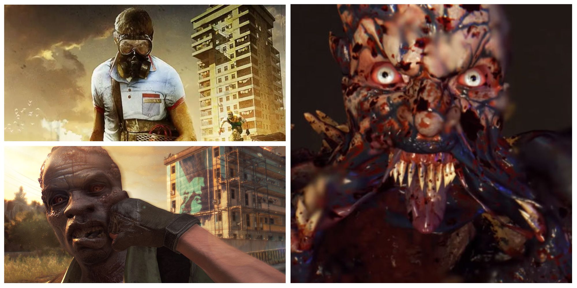 dying light collage of gas mask man, punching a zombie, and volatile 