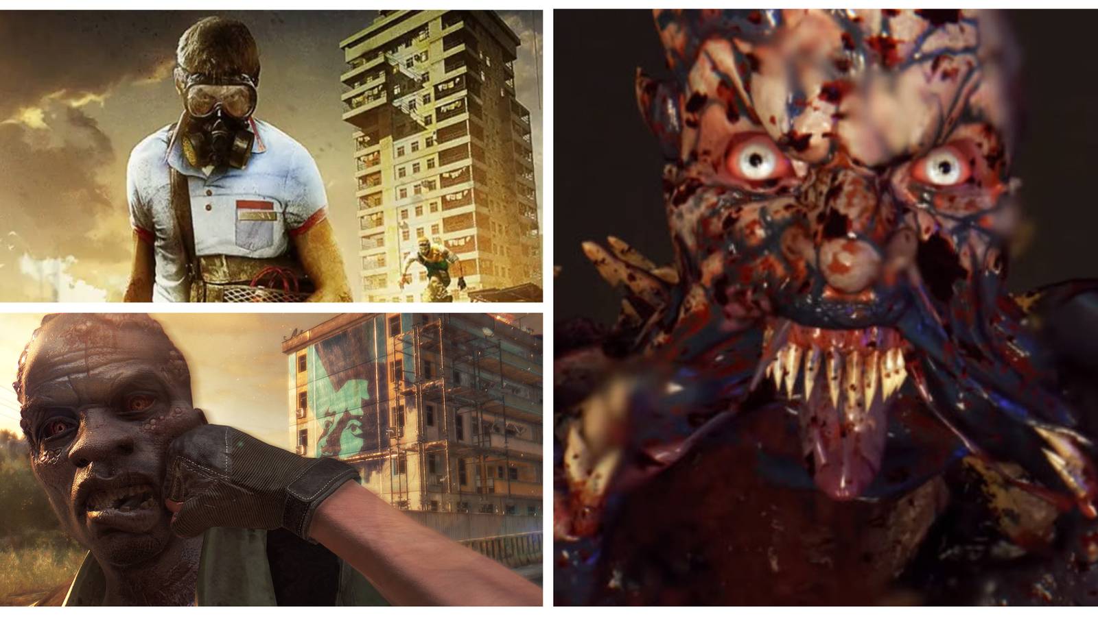 dying light collage of gas mask man, punching a zombie, and volatile 
