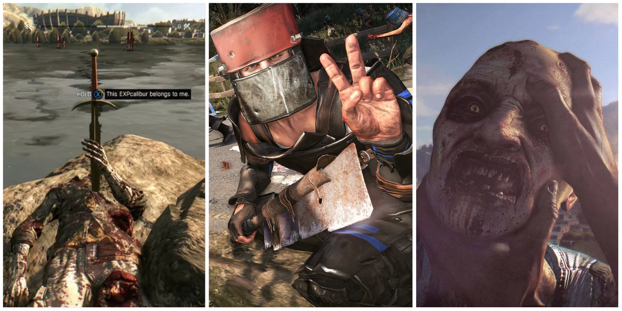 dying light expcaliber, enemy with peace sign and zombie 