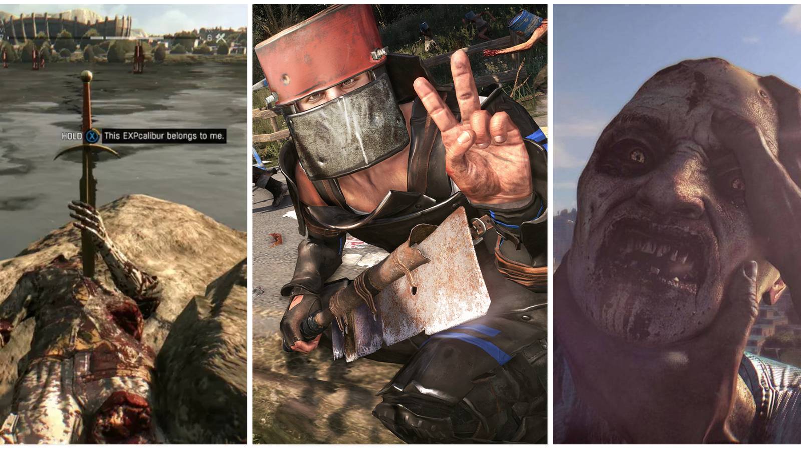 dying light expcaliber, enemy with peace sign and zombie 