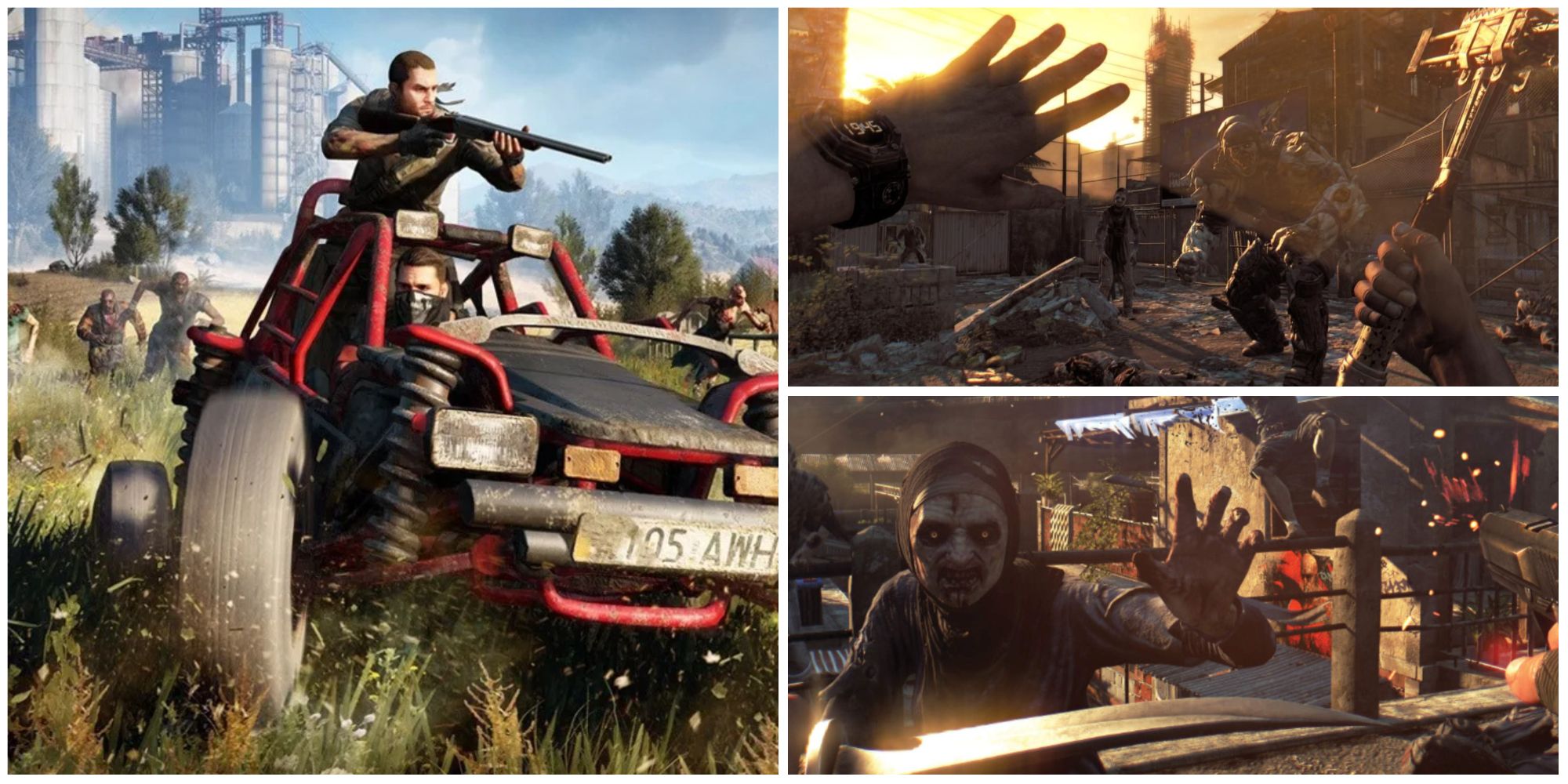 car with shotgun, hammer and zombie collage in dying light