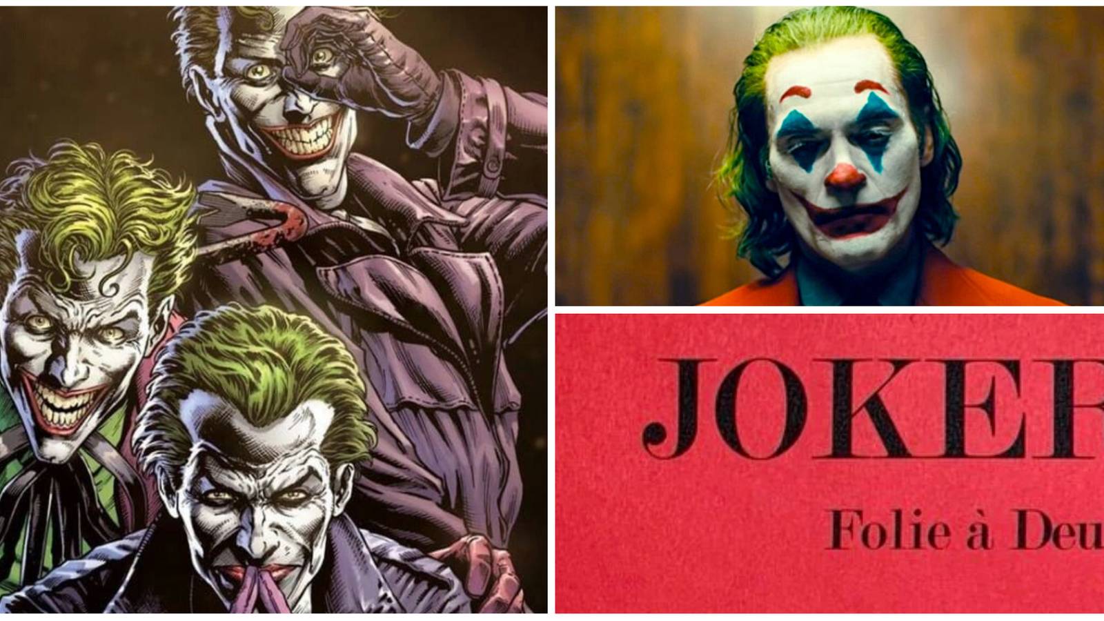 three jokers comic, joker 2 script and joker from 2019 film in a collage