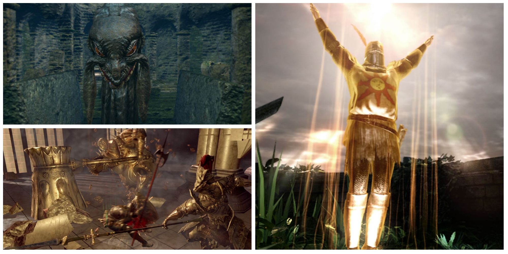 solaire, frampt, ornstein and smough from dark souls as a photo collage