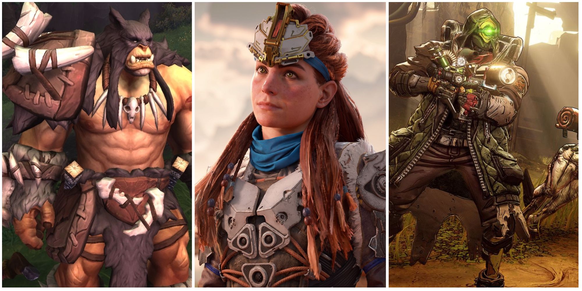 rexxor, aloy and fl4k in a photo collage