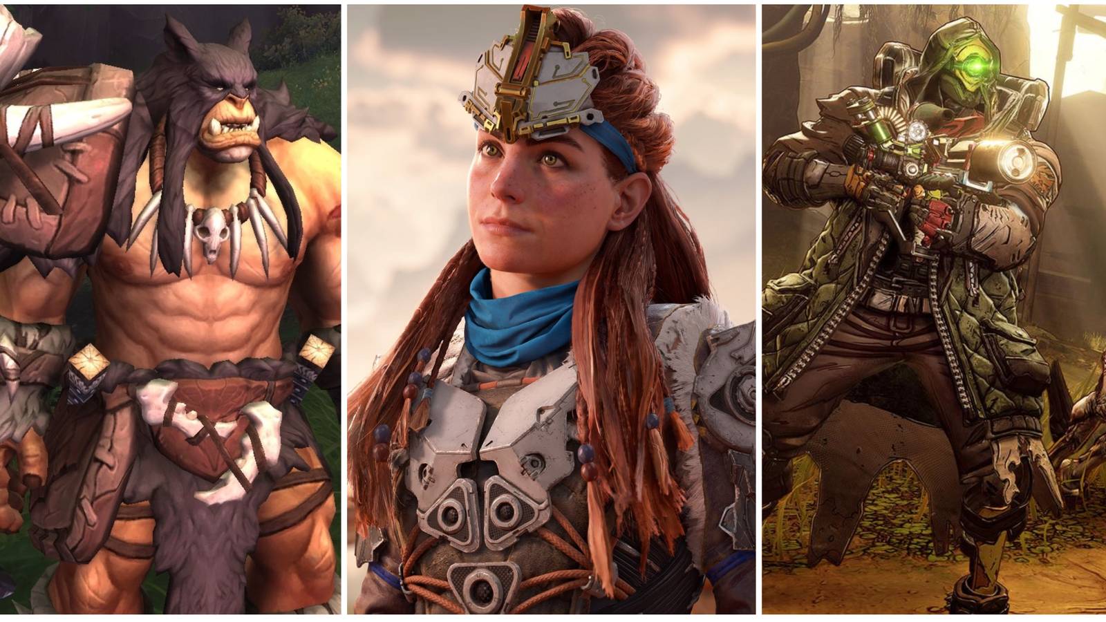 rexxor, aloy and fl4k in a photo collage