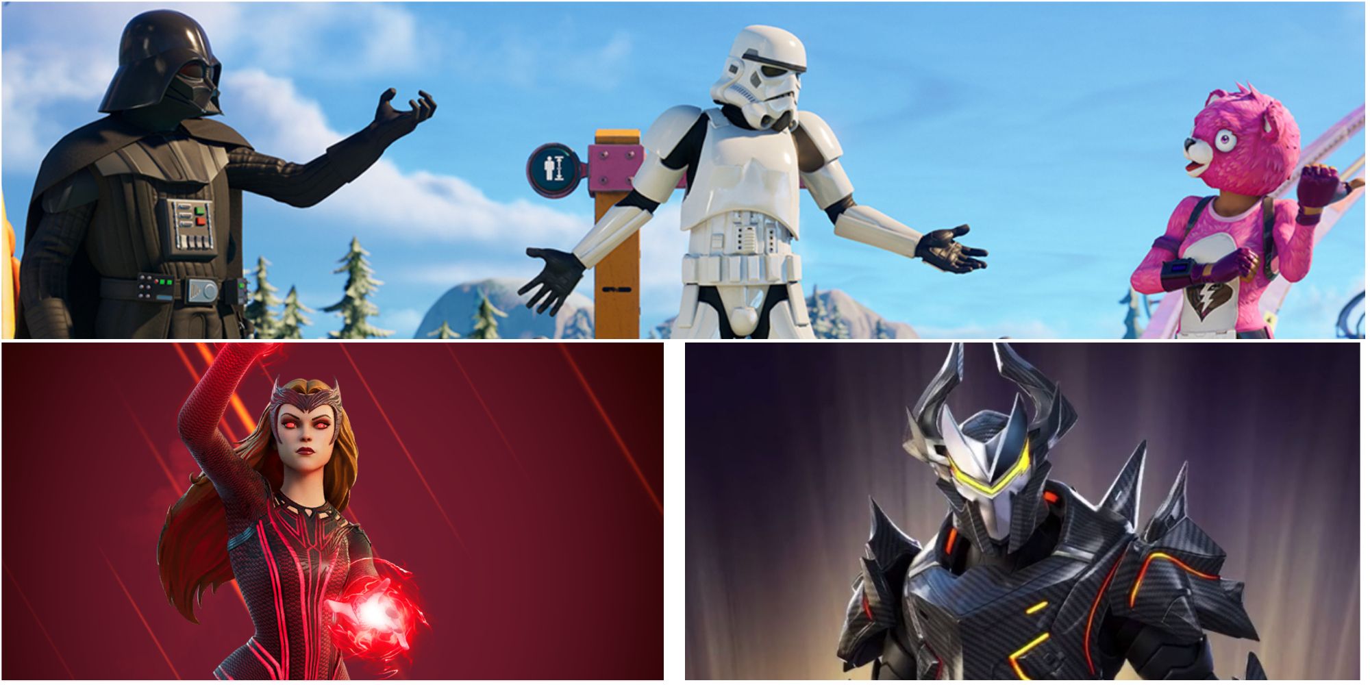 fortnite collage of scarlet witch, omega knight and darth vader