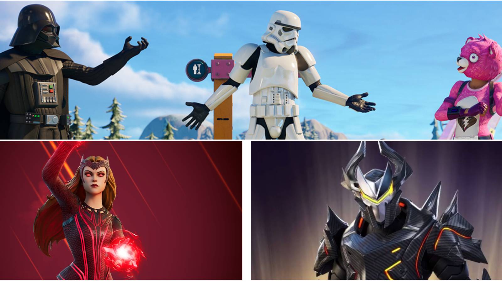 fortnite collage of scarlet witch, omega knight and darth vader