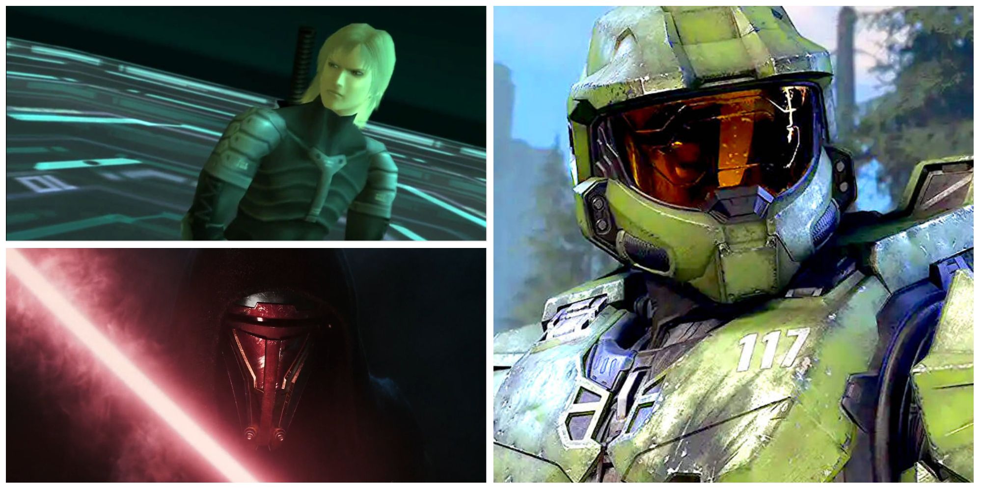 raiden, darth revan and master chief in a picture collage