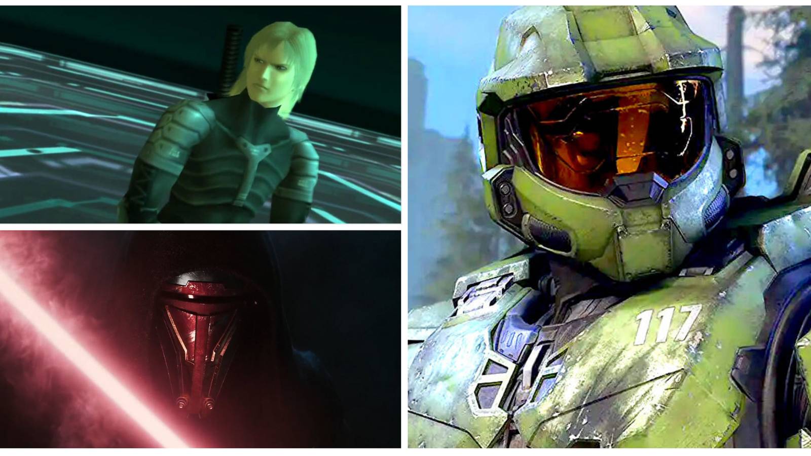 raiden, darth revan and master chief in a picture collage