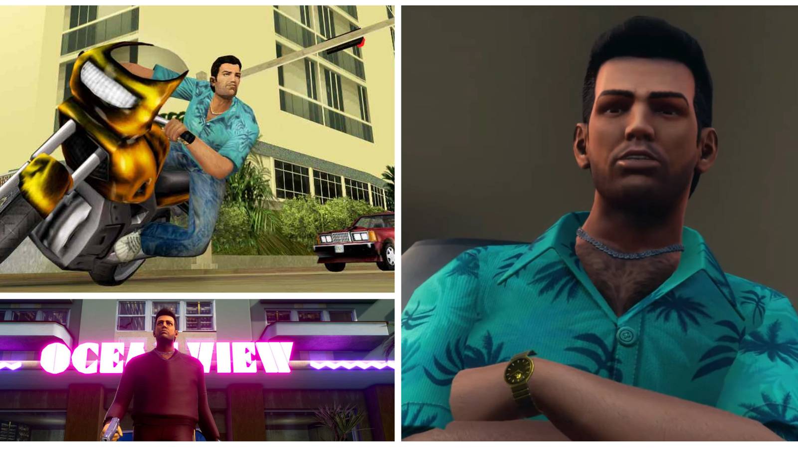 three photos of tommy vercetti from gta vice city in a collage