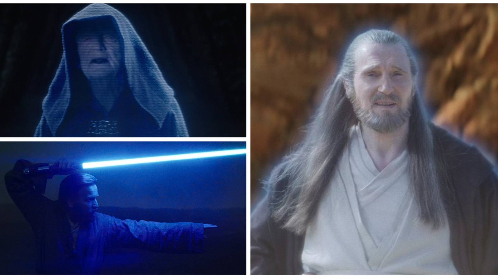 emperor. qui-gon jinn and obi-wan kenobi from disney plus obi-wan kenobi in a photo collage