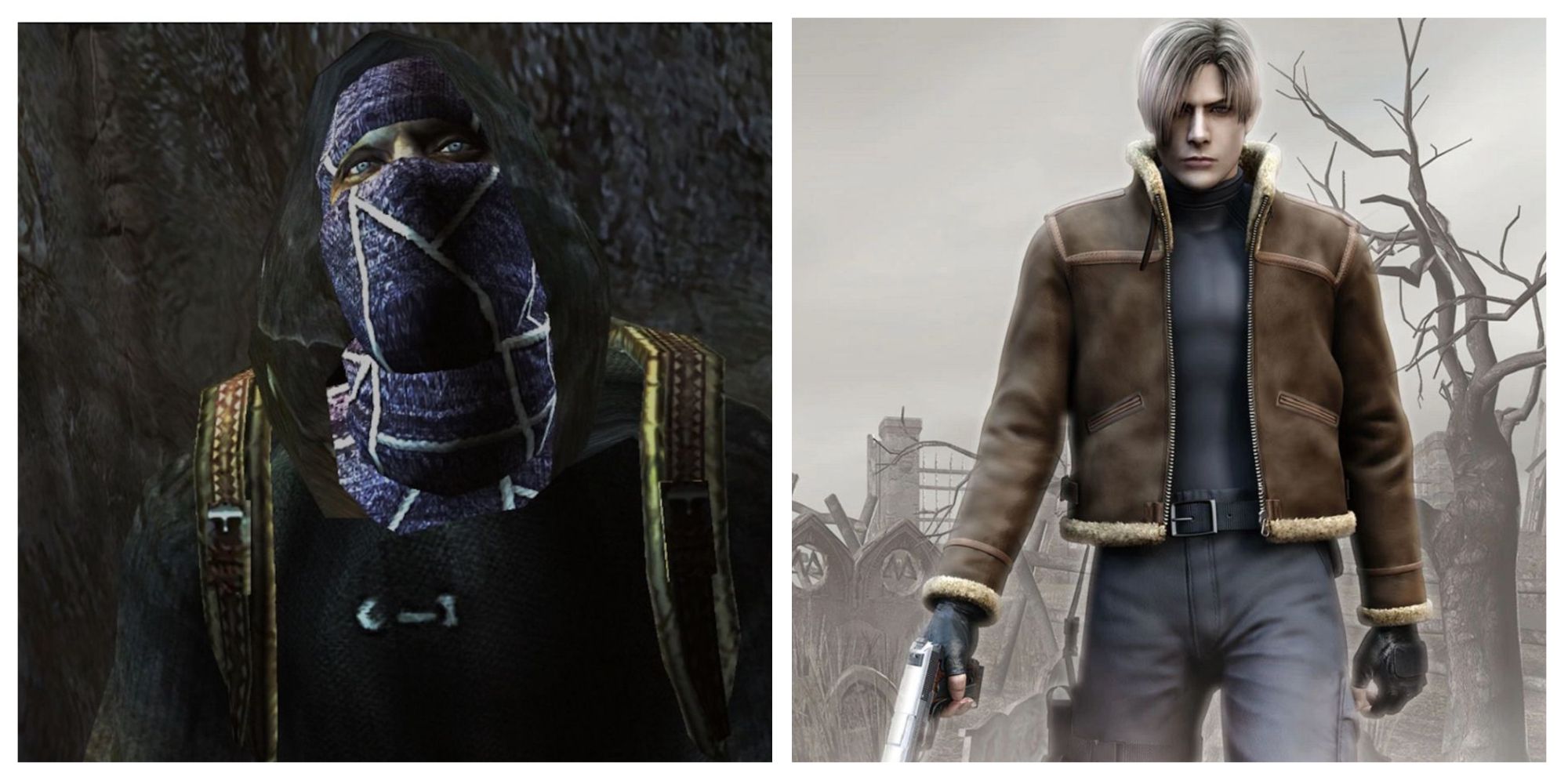 Left: The Merchant in a black hood and dark blue mask. Right: Leon S. Kennedy, blonde hair, brown jacket, dark undershirt, and jeans. He holds a pistol to his right side.