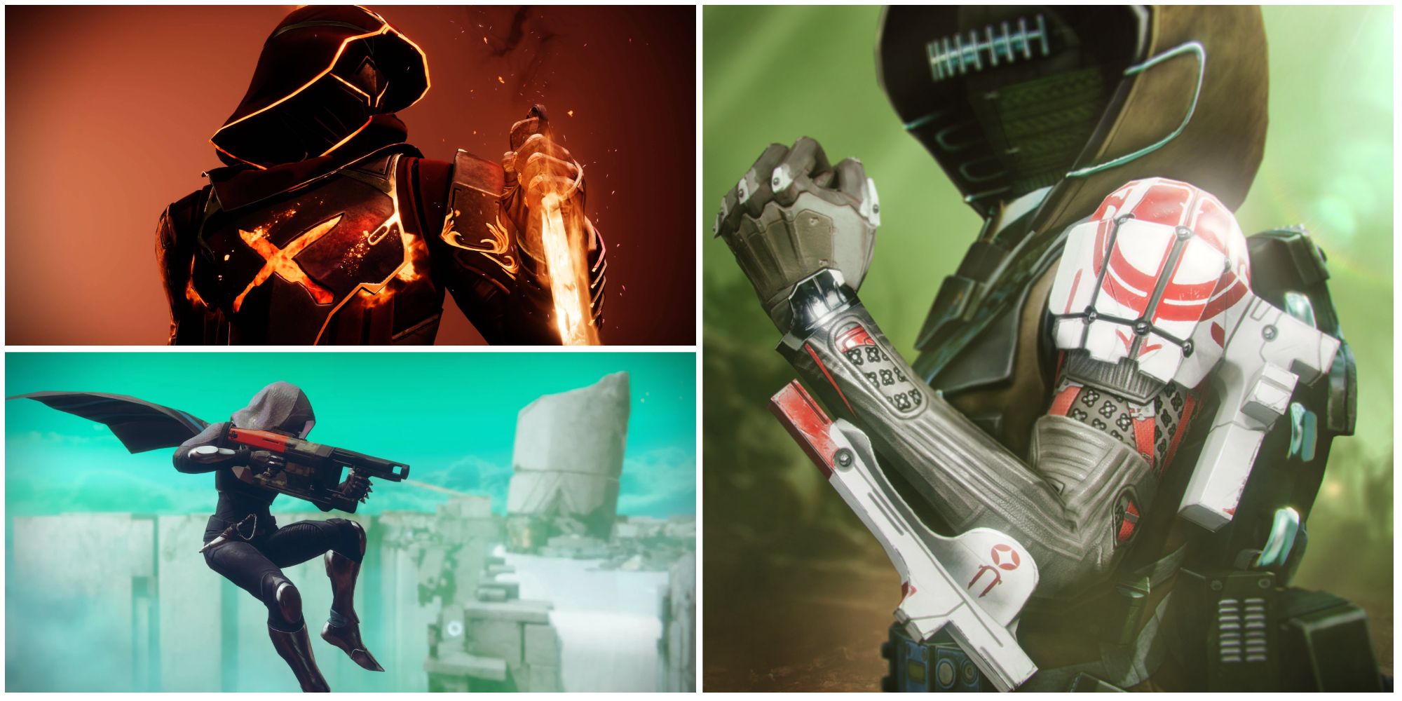 3 pictures of the hunter class from destiny 2 in a photo collage