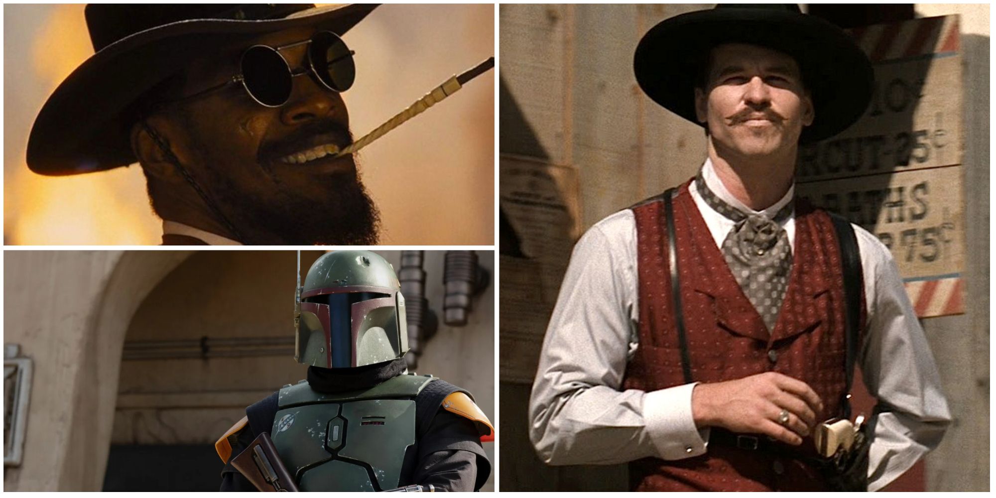 django, boba fett and doc holliday in a photo collage