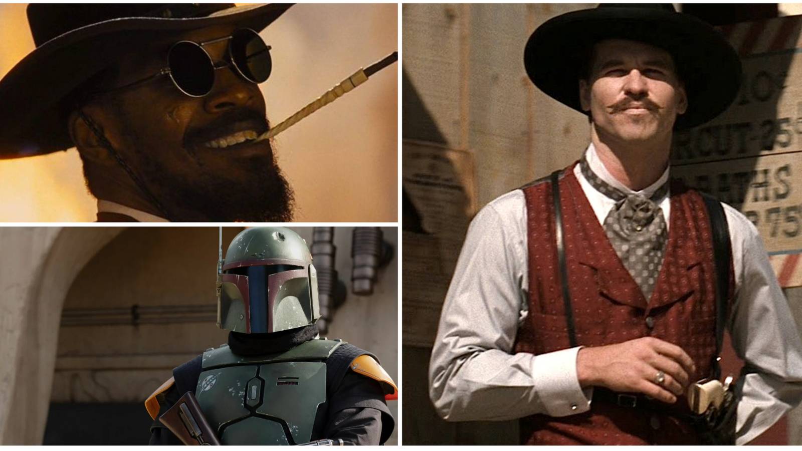 django, boba fett and doc holliday in a photo collage
