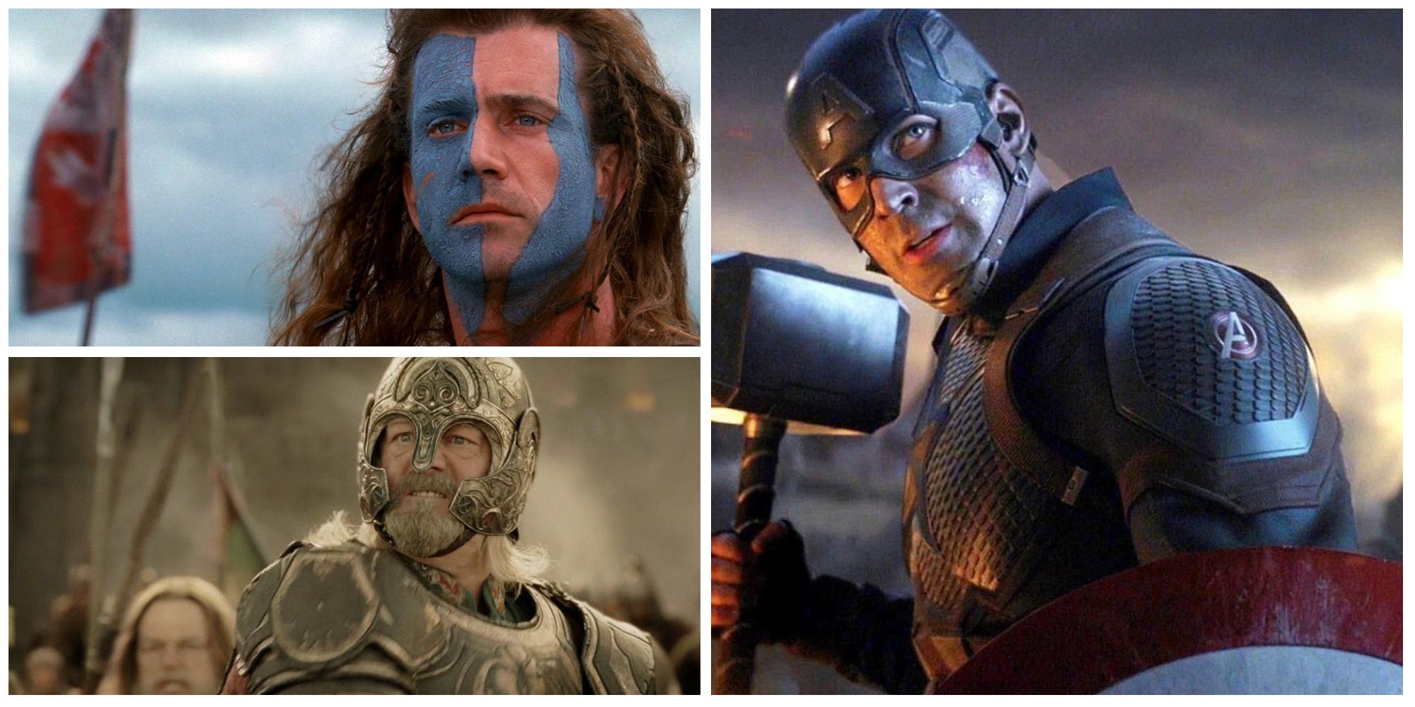 king theodan, william wallace and captain america in a photo collage