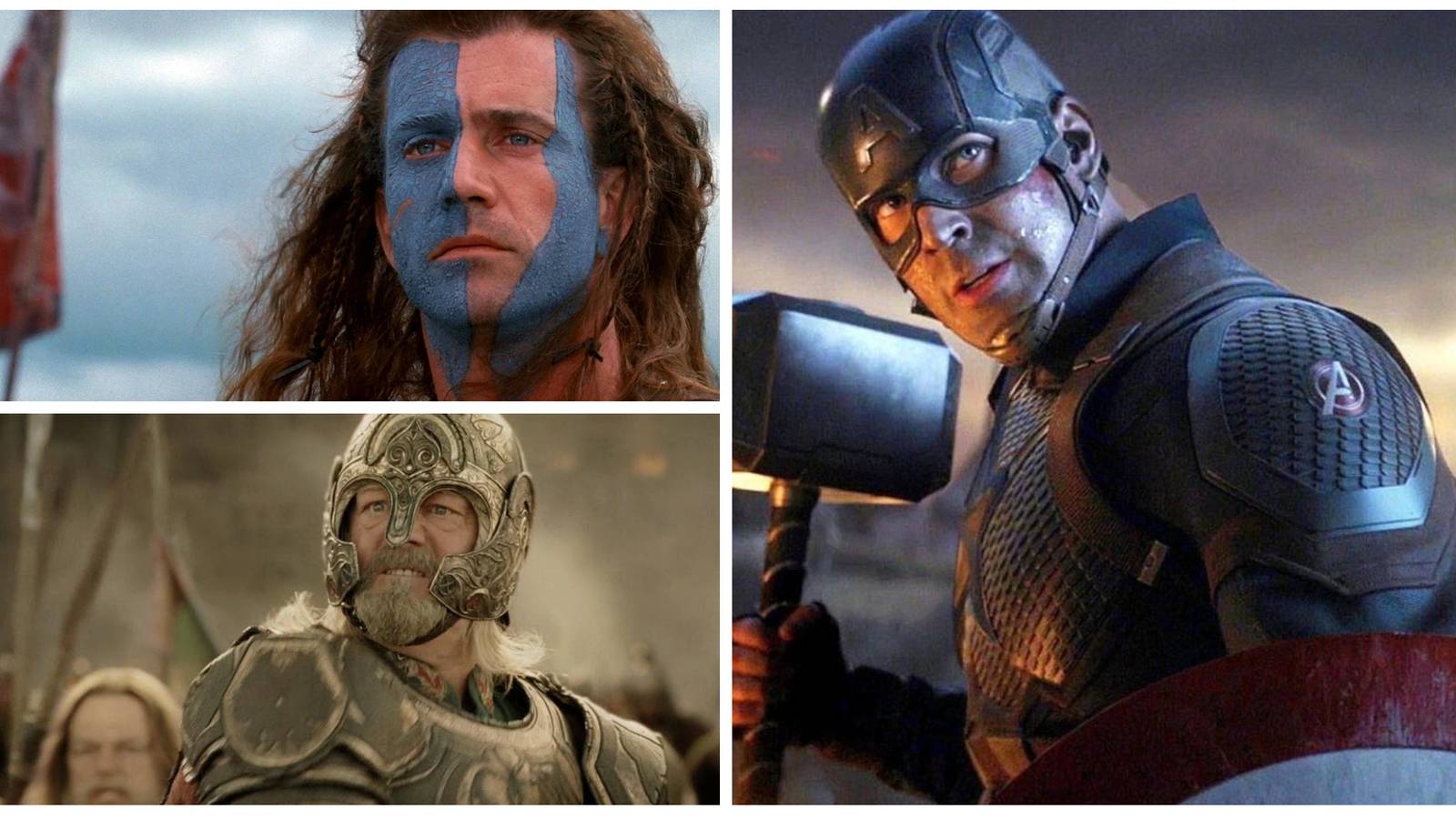 king theodan, william wallace and captain america in a photo collage