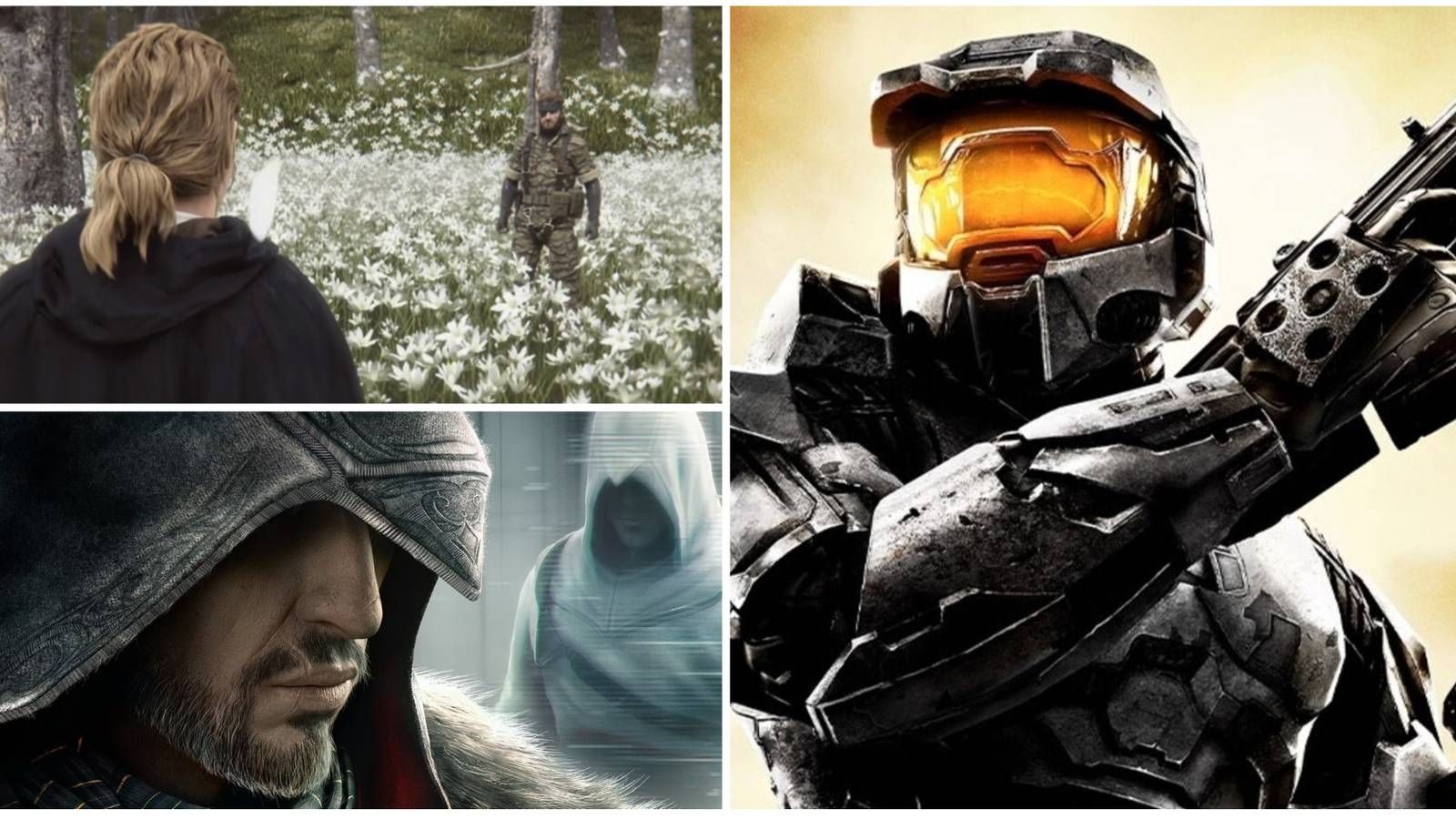 ezio, the boss, and master chief in a photo collage