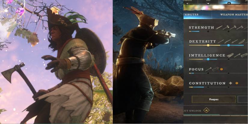 Title Split image New World figure with hatchet aiming rifle updated attribute scores