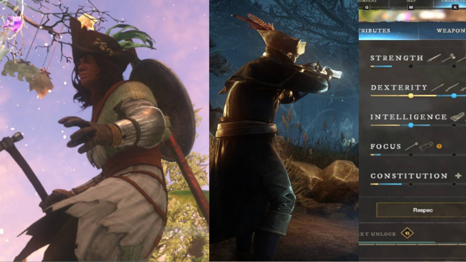 Title Split image New World figure with hatchet aiming rifle updated attribute scores