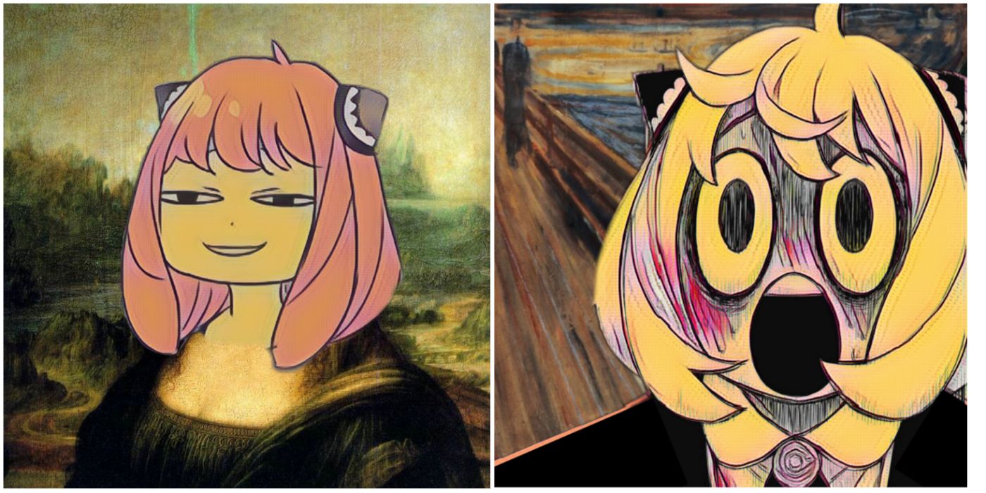 on the left is anya in the mona lisa painting and on the right is anya on the scream painting