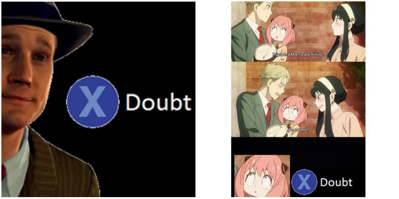 on the left is the press x for doubt meme and on the right is a spy family version displaying anya doubting that yor and loid don't like each other