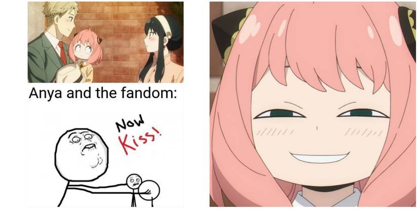 on the left is the now kiss meme with yor and loid from spy x family and on the right is anya looking smug