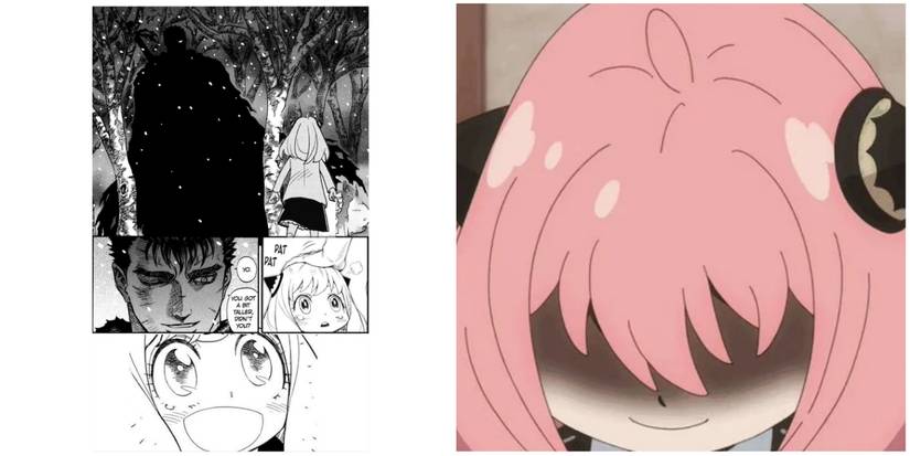 on the left is a manga panel of anya in berserk and on the right is anya looking evil