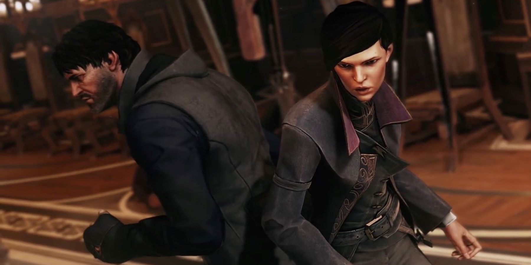 Corvo Attano and Emily Kaldwin back to back in Dishonored 2