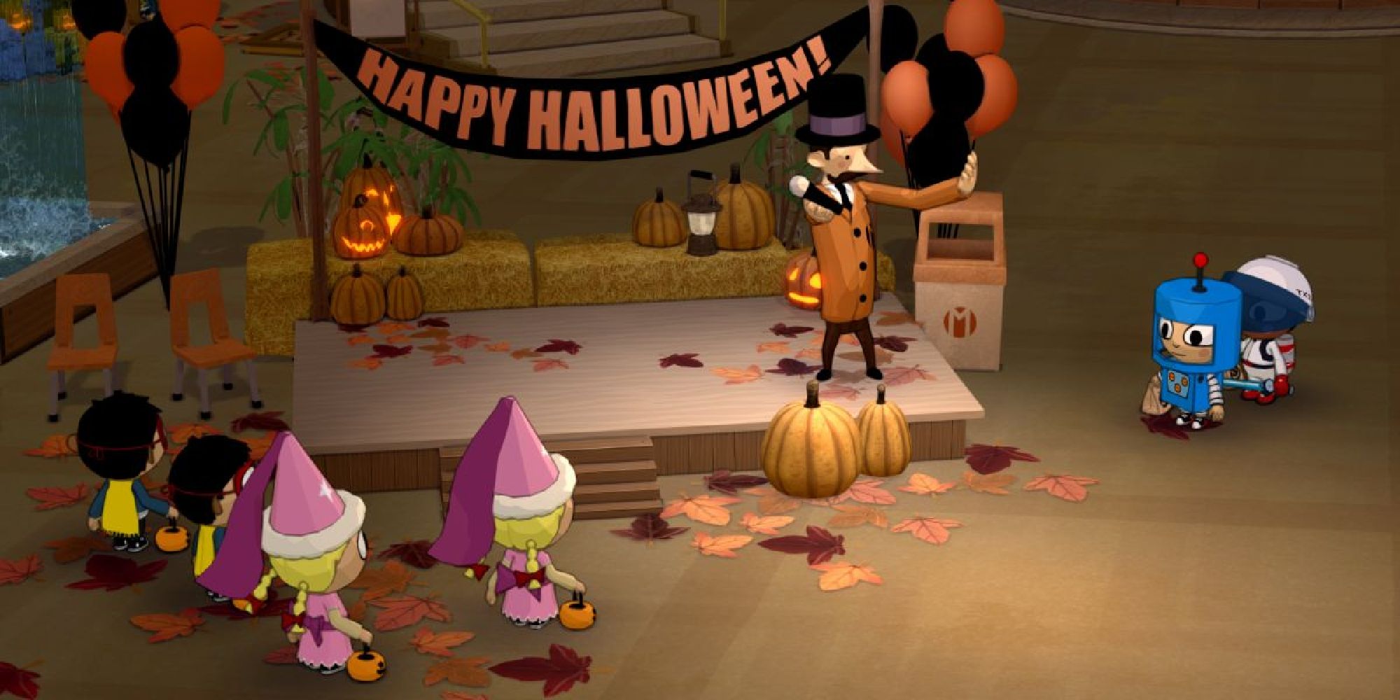 Costumed trick-or-treators gathered around a stage for a Halloween festival in Costume Quest