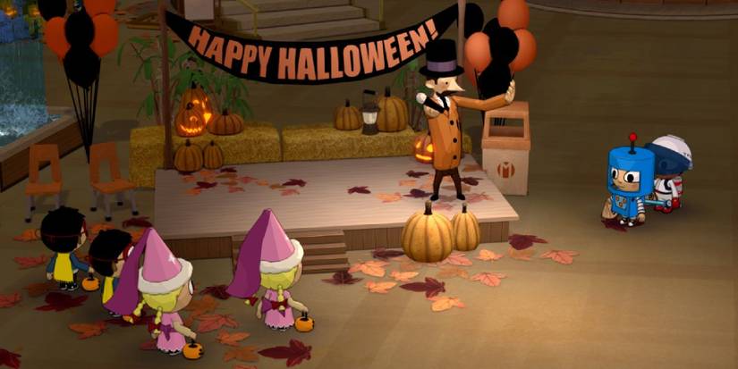 Costumed trick-or-treators gathered around a stage for a Halloween festival in Costume Quest