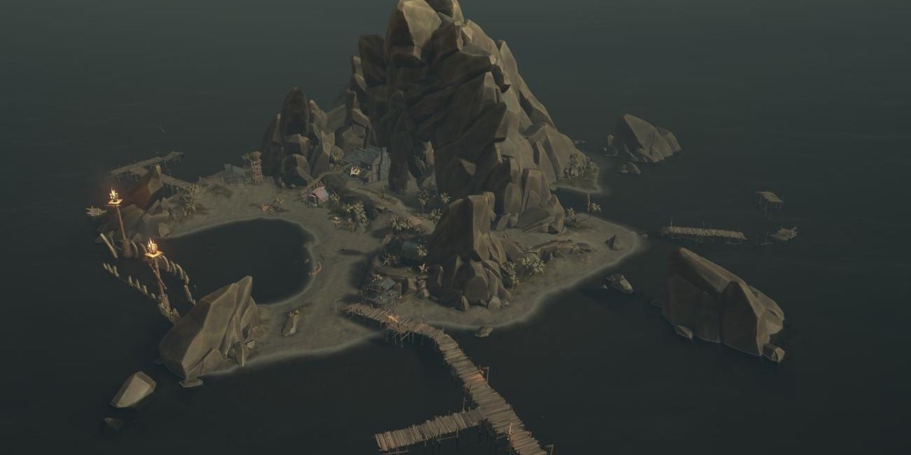 Birds eye view of Dagger Tooth Outpost from Sea of Thieves videogame